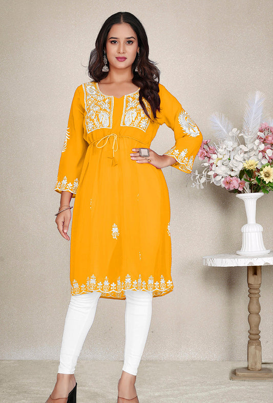 Monjolika Fashion Mustard Yellow Colour Embroidered Georgette Casual Kurti - Swadesiicart
