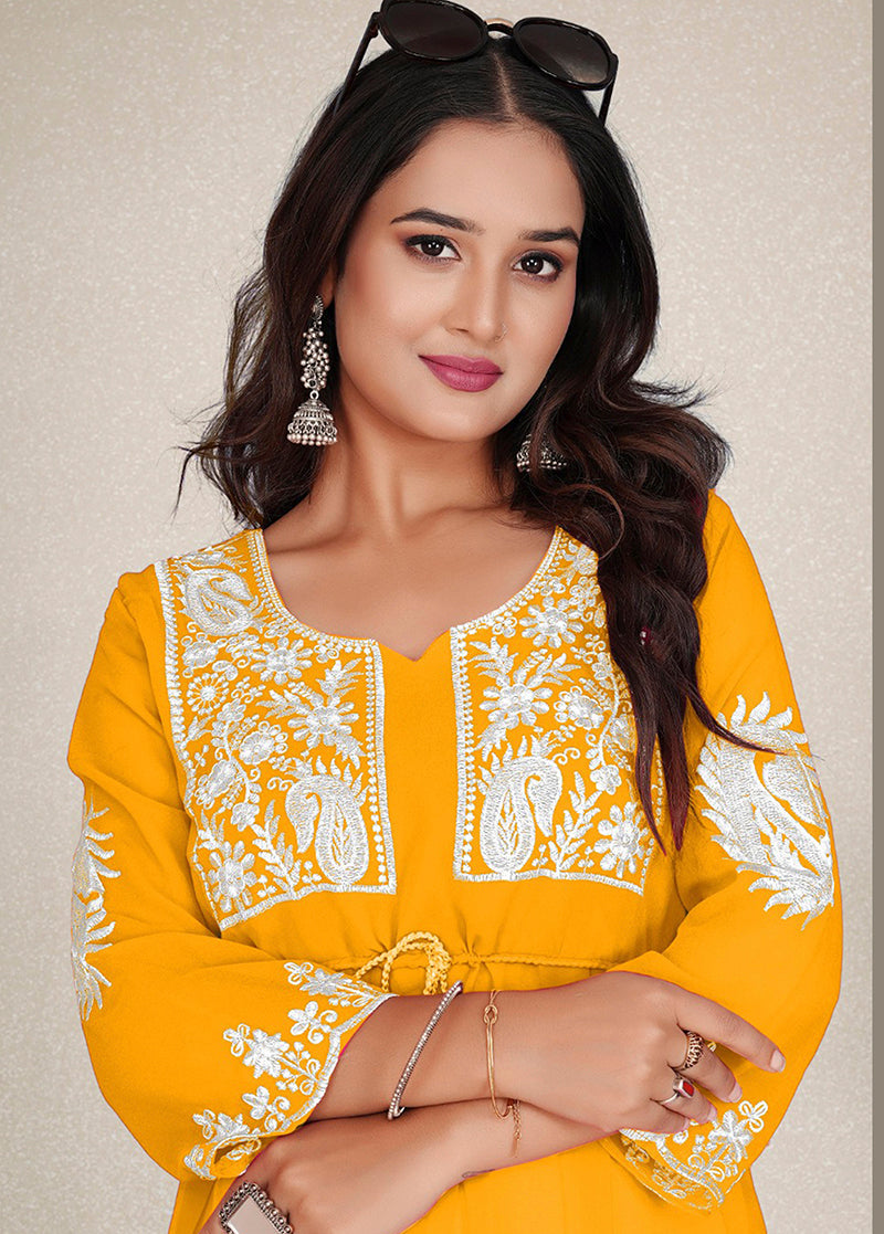 Monjolika Fashion Mustard Yellow Colour Embroidered Georgette Casual Kurti - Swadesiicart