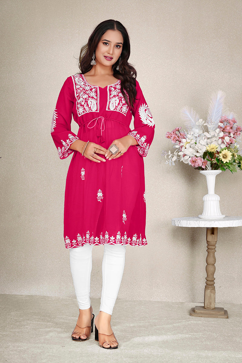 Monjolika Fashion Rani Pink Colour Embroidered Georgette Casual Kurti - Swadesiicart