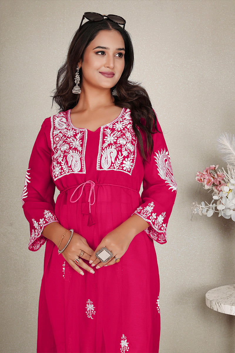 Monjolika Fashion Rani Pink Colour Embroidered Georgette Casual Kurti - Swadesiicart