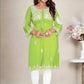 Monjolika Fashion Parrot Green Colour Embroidered Georgette Casual Kurti - Swadesiicart