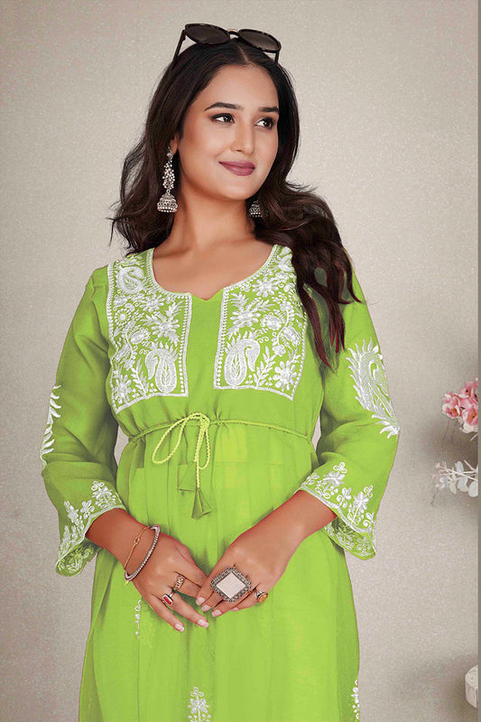 Monjolika Fashion Parrot Green Colour Embroidered Georgette Casual Kurti - Swadesiicart