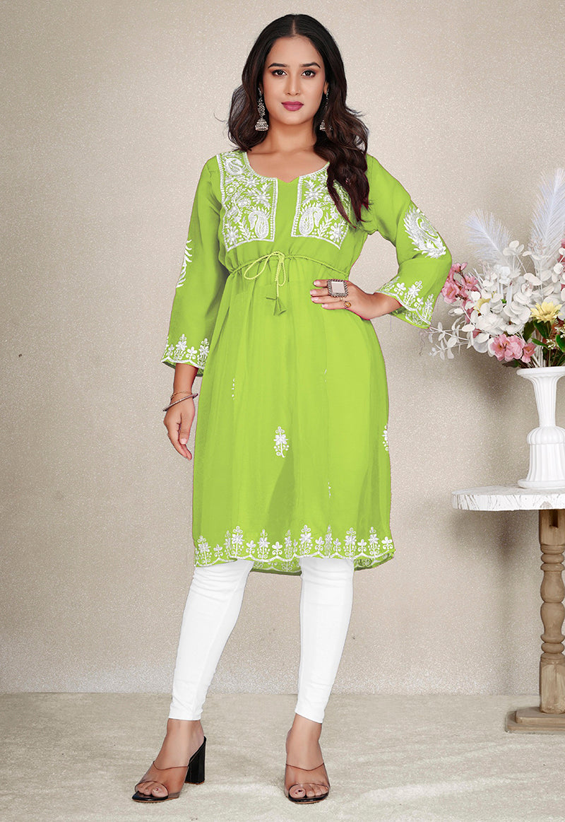 Monjolika Fashion Parrot Green Colour Embroidered Georgette Casual Kurti - Swadesiicart