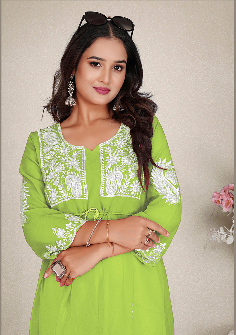 Monjolika Fashion Parrot Green Colour Embroidered Georgette Casual Kurti - Swadesiicart