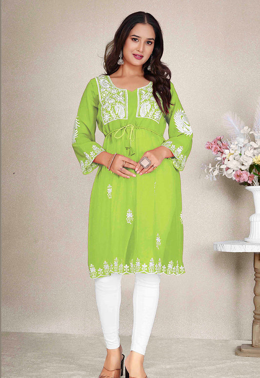 Monjolika Fashion Parrot Green Colour Embroidered Georgette Casual Kurti - Swadesiicart