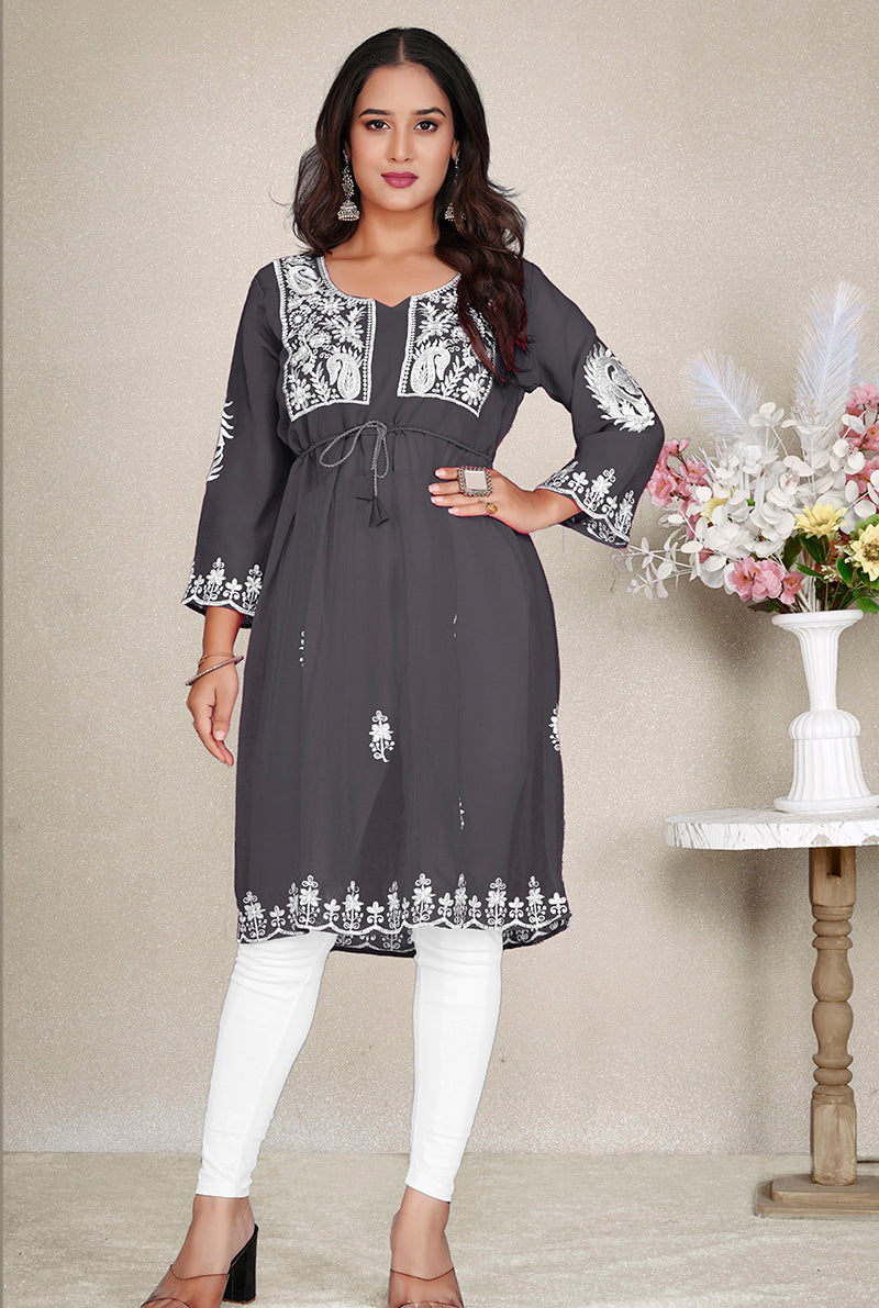 Monjolika Fashion Dark Grey Colour Embroidered Georgette Casual Kurti - Swadesiicart