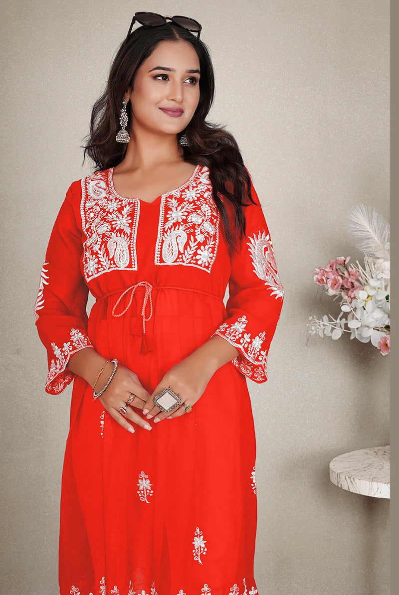 Monjolika Fashion Orange Colour Embroidered Georgette Casual Kurti - Swadesiicart