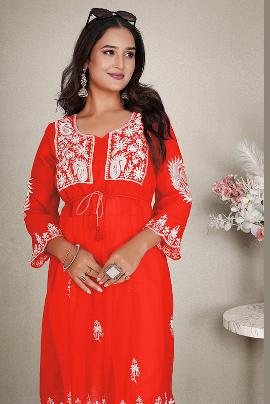 Monjolika Fashion Orange Colour Embroidered Georgette Casual Kurti - Swadesiicart