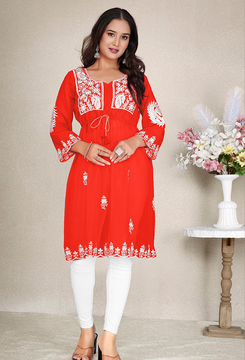 Monjolika Fashion Orange Colour Embroidered Georgette Casual Kurti - Swadesiicart
