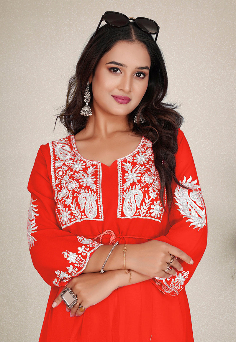 Monjolika Fashion Orange Colour Embroidered Georgette Casual Kurti - Swadesiicart
