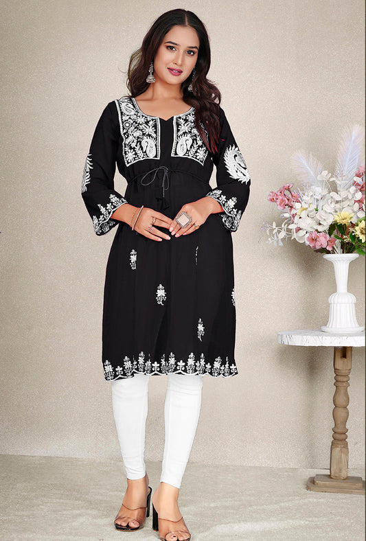 Monjolika Fashion Black Colour Embroidered Georgette Casual Kurti - Swadesiicart