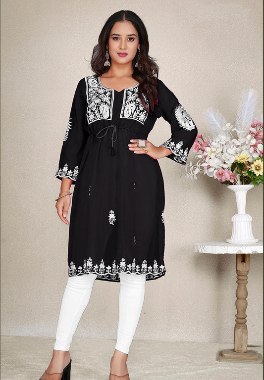 Monjolika Fashion Black Colour Embroidered Georgette Casual Kurti - Swadesiicart