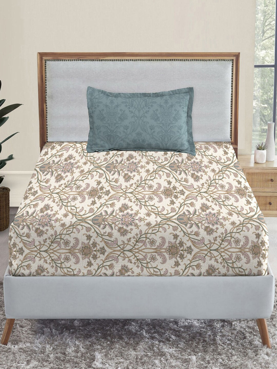 MYTRIDENT Dusk and Dawn Beige Ethnic Motifs Cotton 144 TC Single Bedsheet 1 Pillow Cover - Swadesiicart
