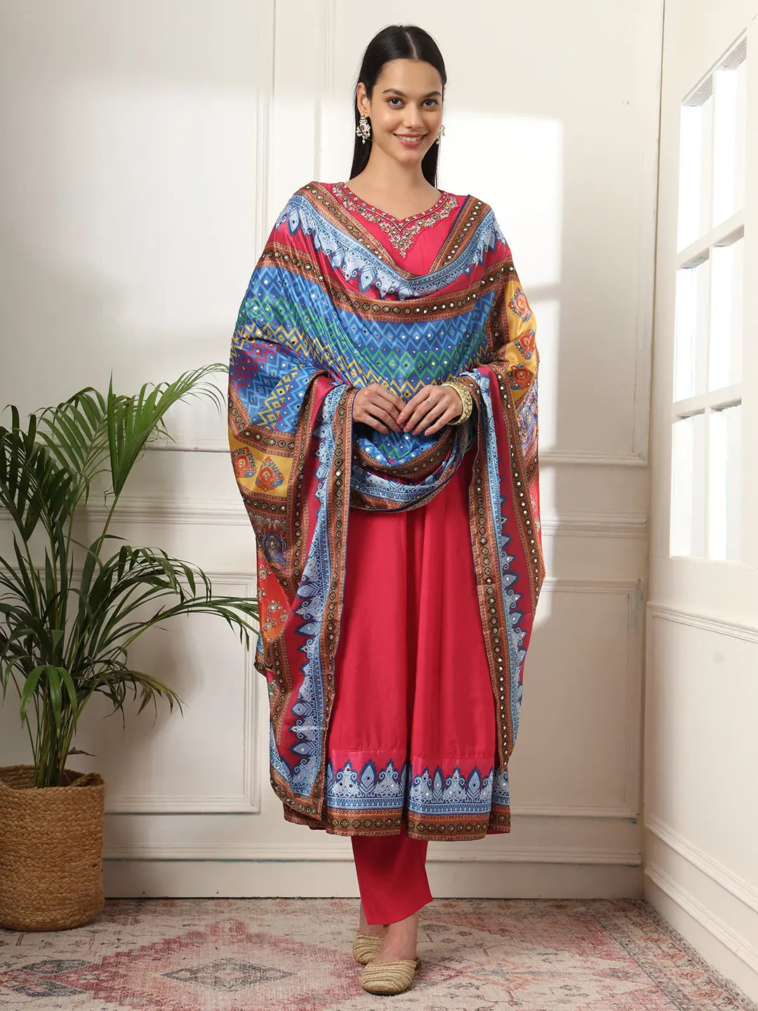 Yufta Pink Anarkali Silk Blend Kurta Set With Pant And Dupatta With Cotton Lining - Swadesiicart