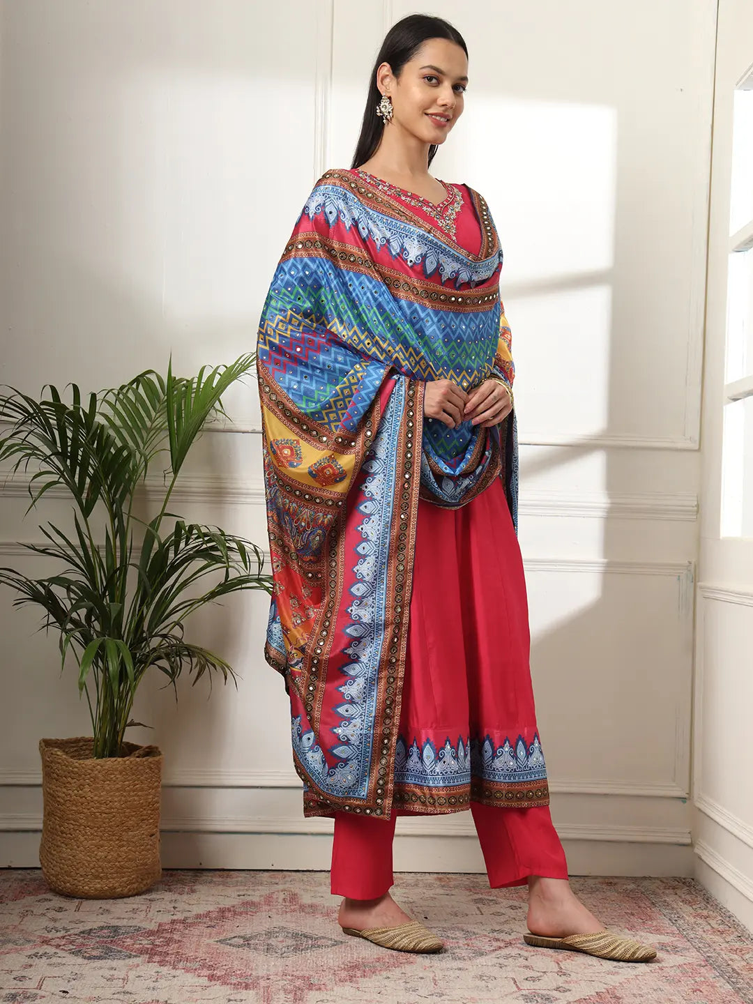Yufta Pink Anarkali Silk Blend Kurta Set With Pant And Dupatta With Cotton Lining - Swadesiicart