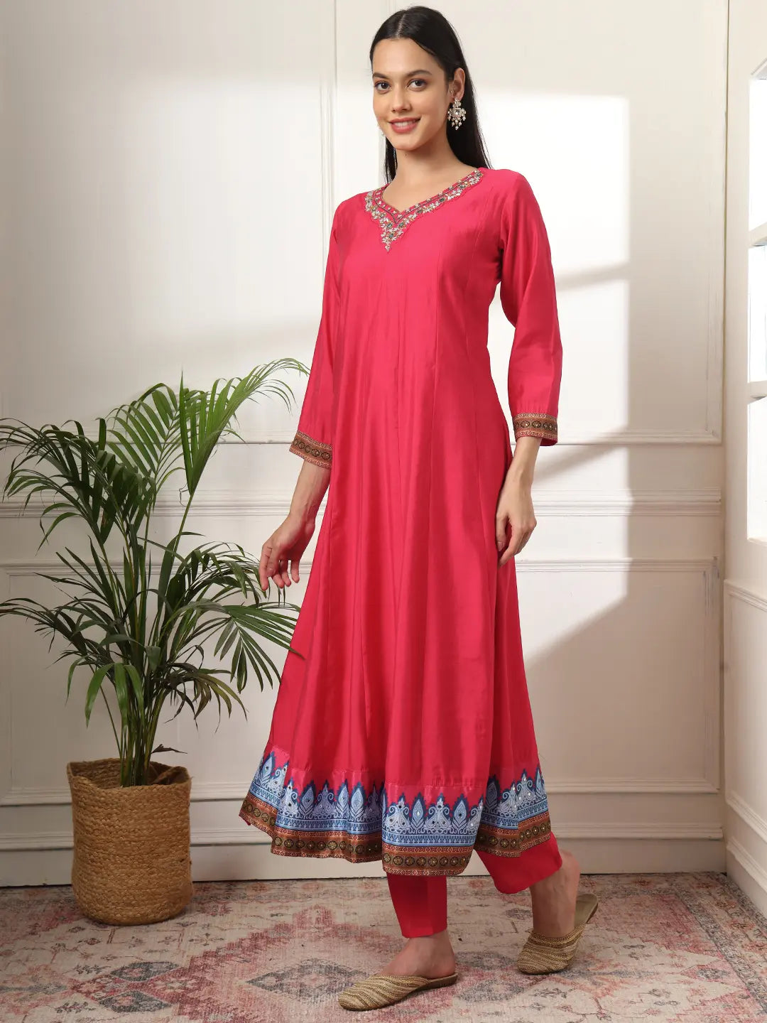 Yufta Pink Anarkali Silk Blend Kurta Set With Pant And Dupatta With Cotton Lining - Swadesiicart