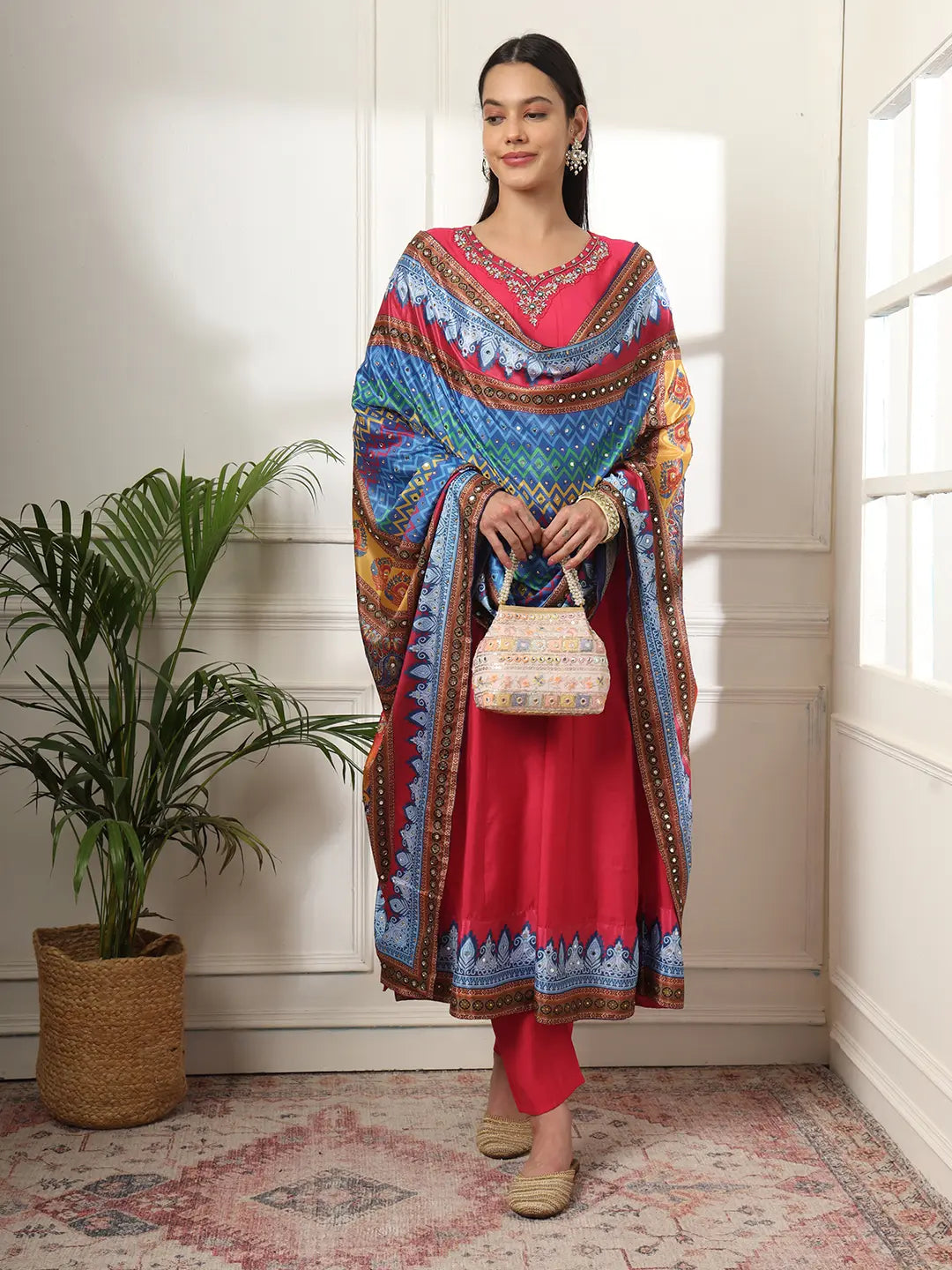Yufta Pink Anarkali Silk Blend Kurta Set With Pant And Dupatta With Cotton Lining - Swadesiicart