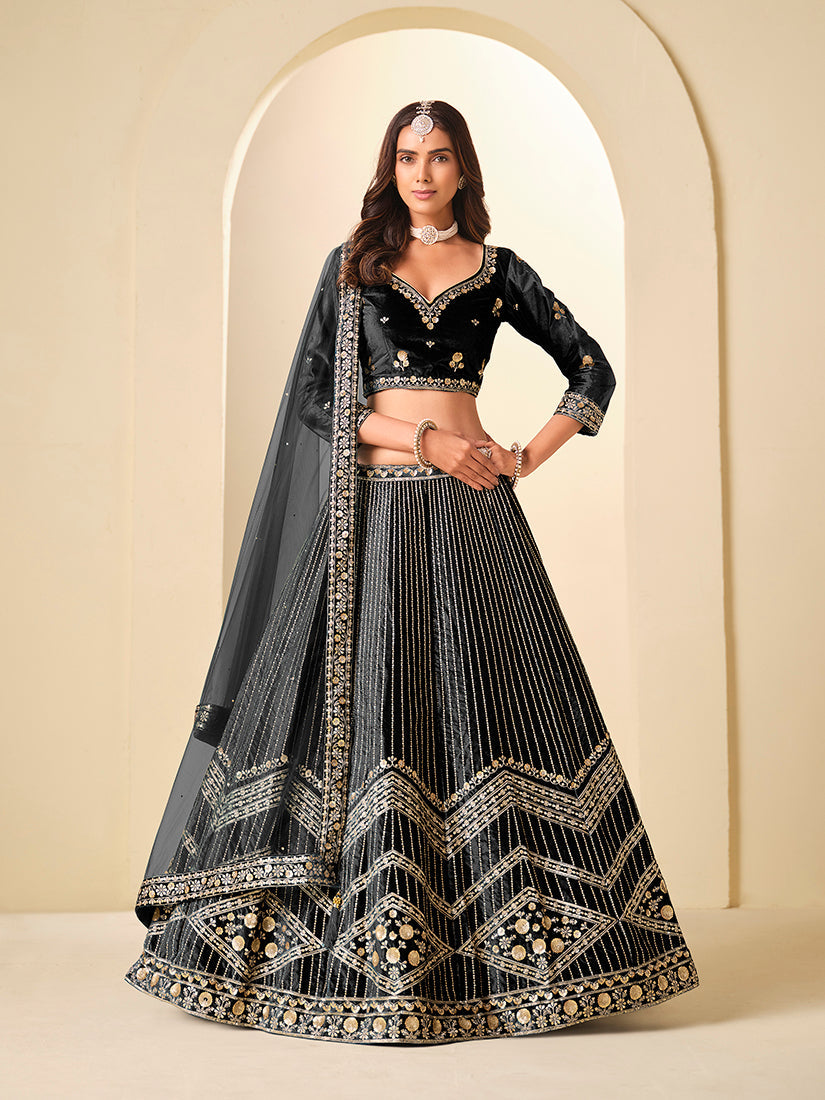 Monjolika Fashion Black Velvet Embroidered Sequins Work A Line Lehenga Choli - Swadesiicart