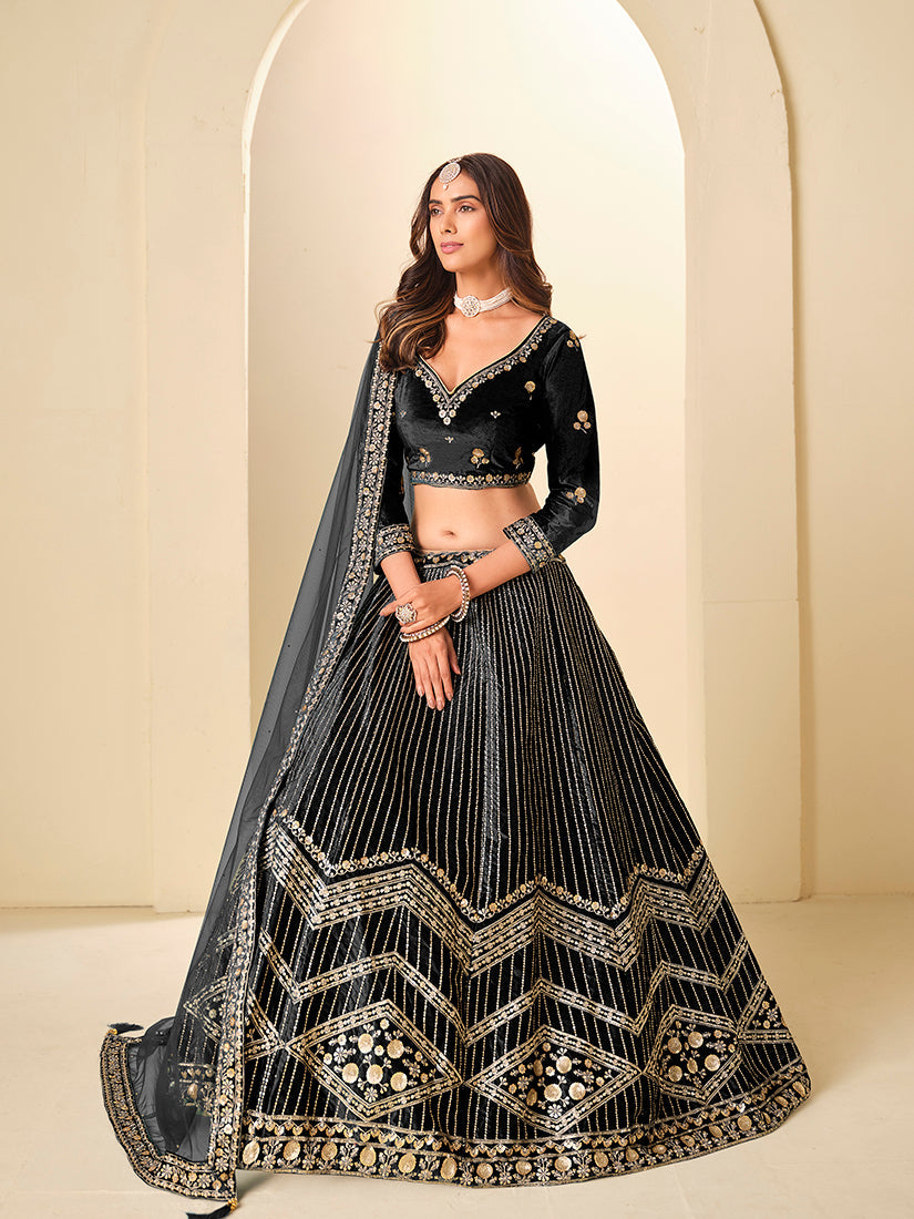 Monjolika Fashion Black Velvet Embroidered Sequins Work A Line Lehenga Choli - Swadesiicart
