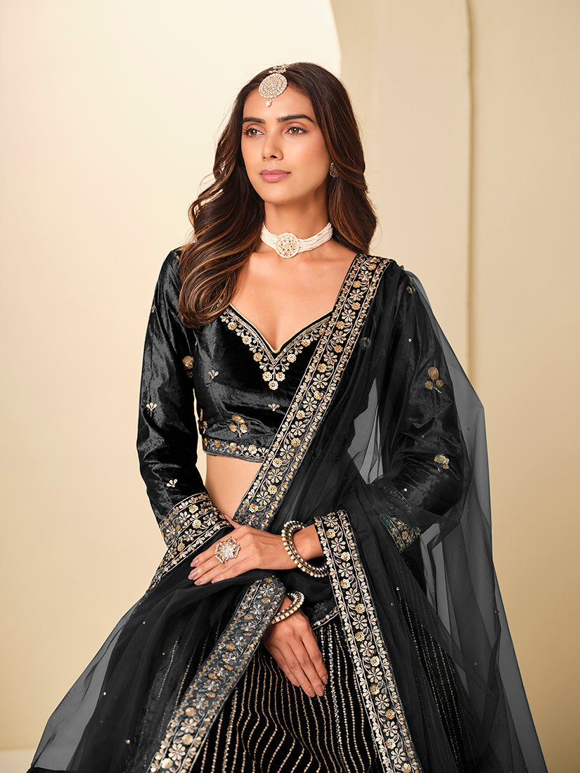 Monjolika Fashion Black Velvet Embroidered Sequins Work A Line Lehenga Choli - Swadesiicart