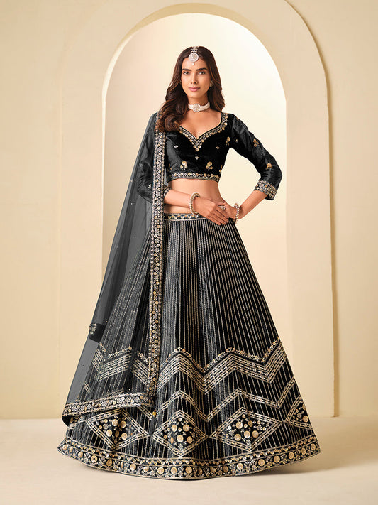 Monjolika Fashion Black Velvet Embroidered Sequins Work A Line Lehenga Choli - Swadesiicart