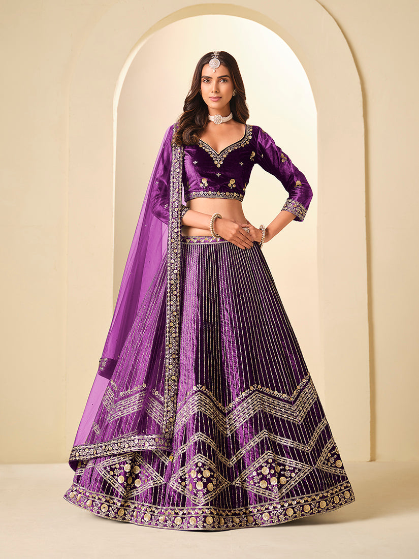 Monjolika Fashion Purple Velvet Embroidered Sequins Work A Line Lehenga Choli - Swadesiicart