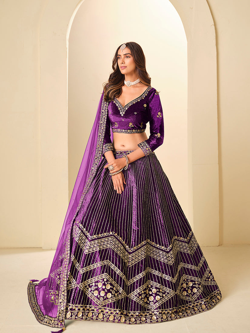 Monjolika Fashion Purple Velvet Embroidered Sequins Work A Line Lehenga Choli - Swadesiicart