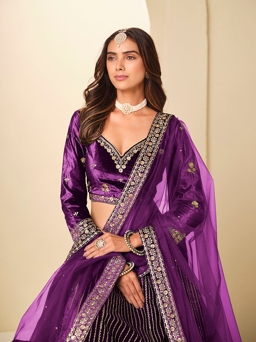 Monjolika Fashion Purple Velvet Embroidered Sequins Work A Line Lehenga Choli - Swadesiicart