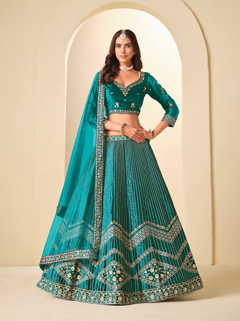 Monjolika Fashion Teal Velvet Embroidered Sequins Work A Line Lehenga Choli - Swadesiicart