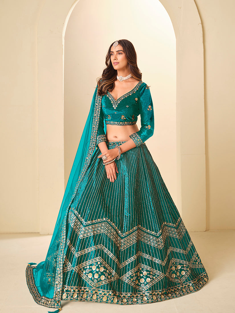 Monjolika Fashion Teal Velvet Embroidered Sequins Work A Line Lehenga Choli - Swadesiicart