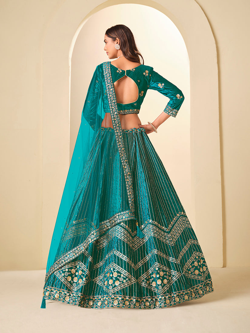Monjolika Fashion Teal Velvet Embroidered Sequins Work A Line Lehenga Choli - Swadesiicart