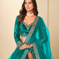 Monjolika Fashion Teal Velvet Embroidered Sequins Work A Line Lehenga Choli - Swadesiicart