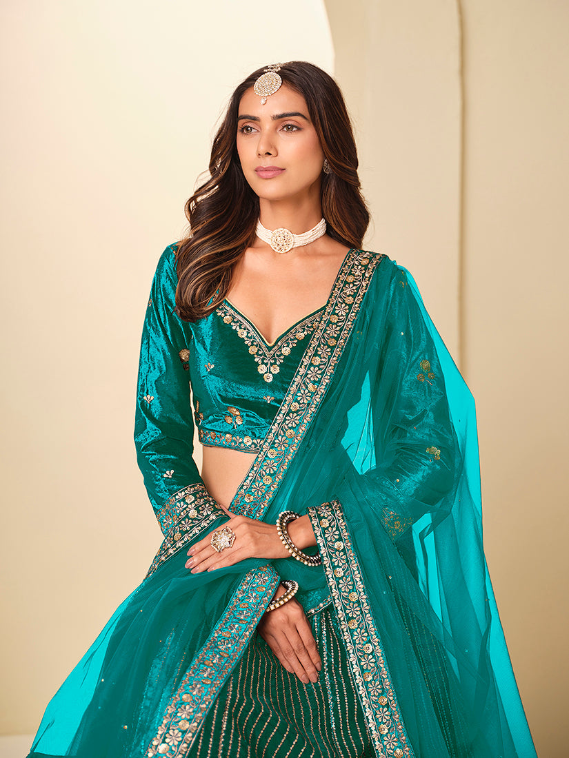 Monjolika Fashion Teal Velvet Embroidered Sequins Work A Line Lehenga Choli - Swadesiicart