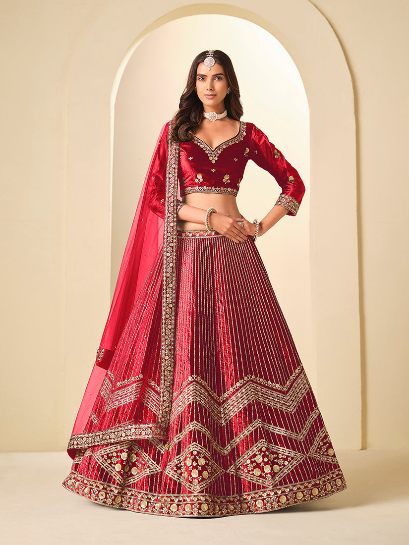 Monjolika Fashion Maroon Velvet Embroidered Sequins Work A Line Lehenga Choli - Swadesiicart