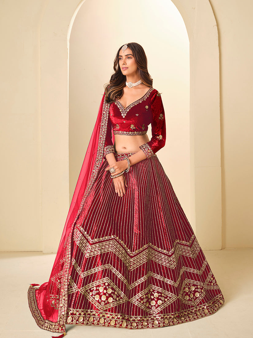 Monjolika Fashion Maroon Velvet Embroidered Sequins Work A Line Lehenga Choli - Swadesiicart