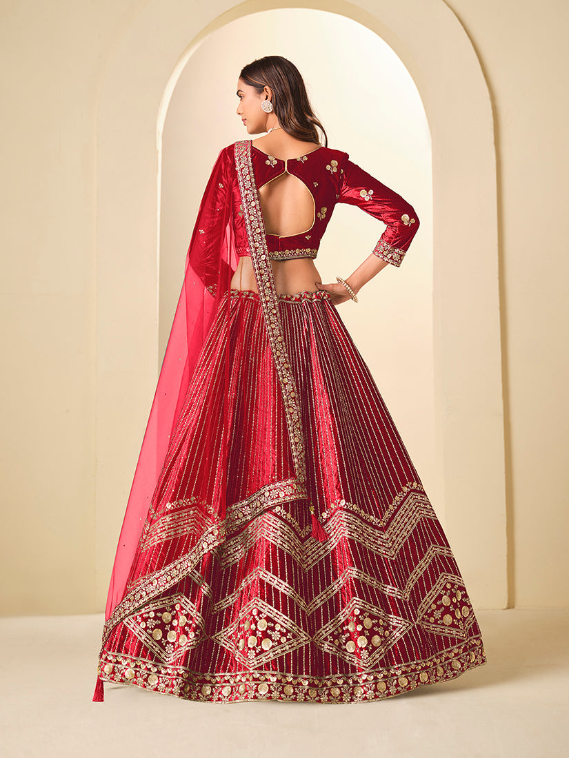 Monjolika Fashion Maroon Velvet Embroidered Sequins Work A Line Lehenga Choli - Swadesiicart