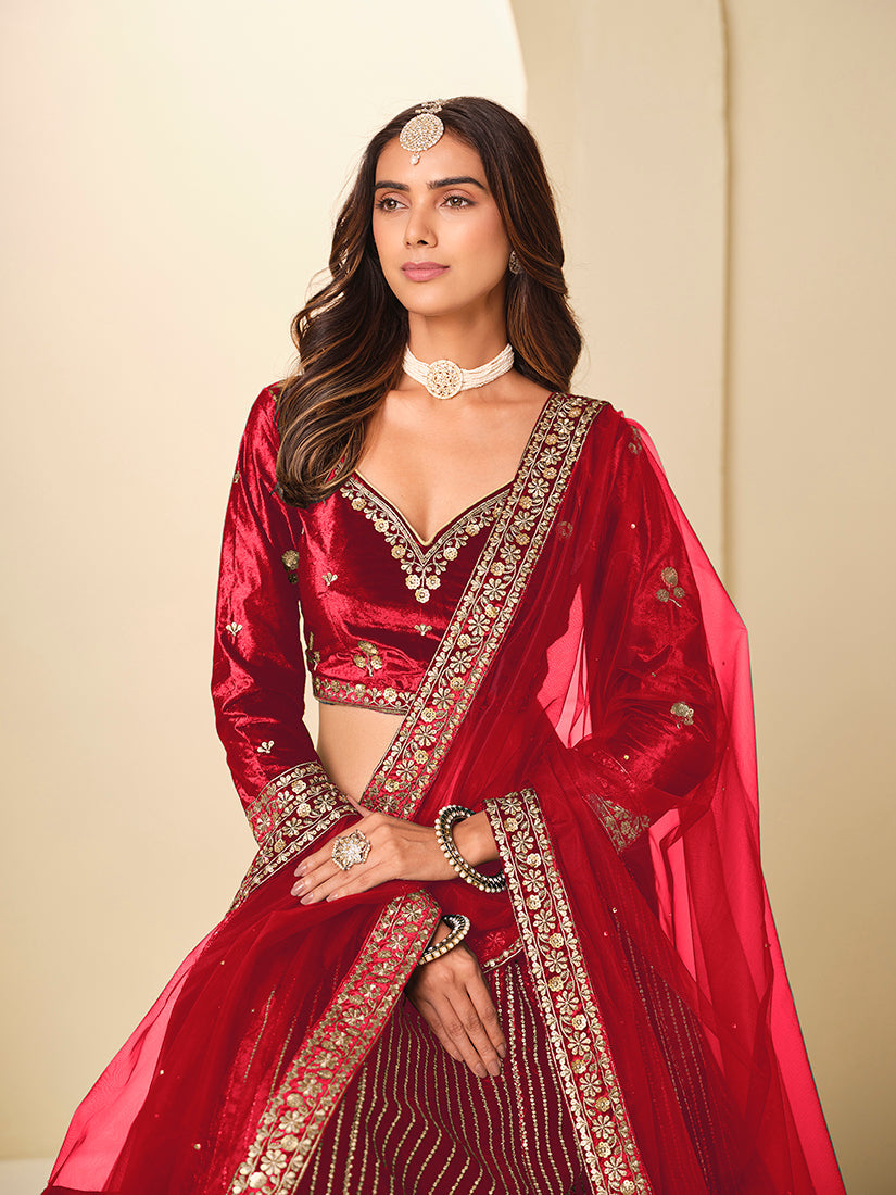 Monjolika Fashion Maroon Velvet Embroidered Sequins Work A Line Lehenga Choli - Swadesiicart