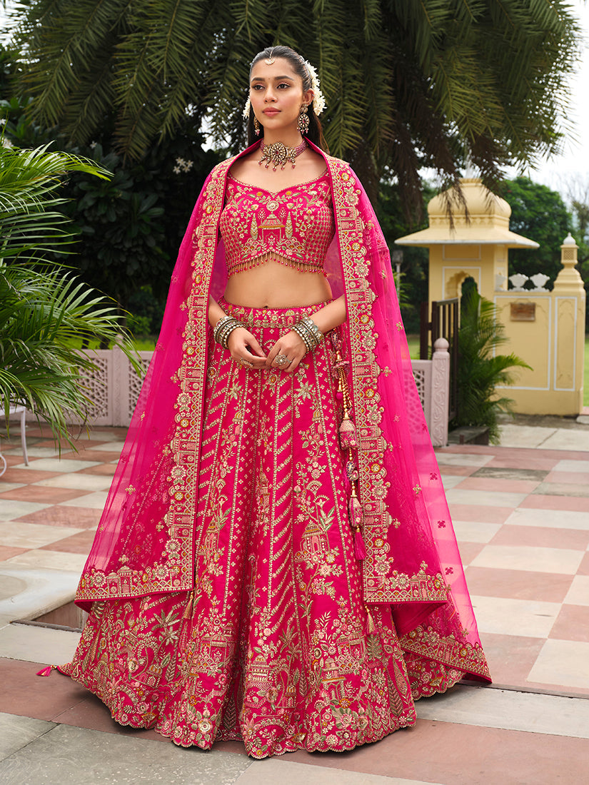Monjolika Fashion Rani Pink Khatli Embroidered Silk Blend Bridal Lehenga Choli - Swadesiicart