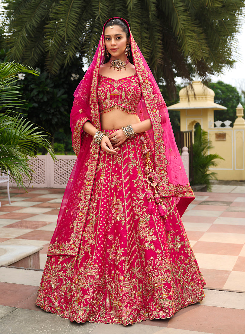 Monjolika Fashion Rani Pink Khatli Embroidered Silk Blend Bridal Lehenga Choli - Swadesiicart