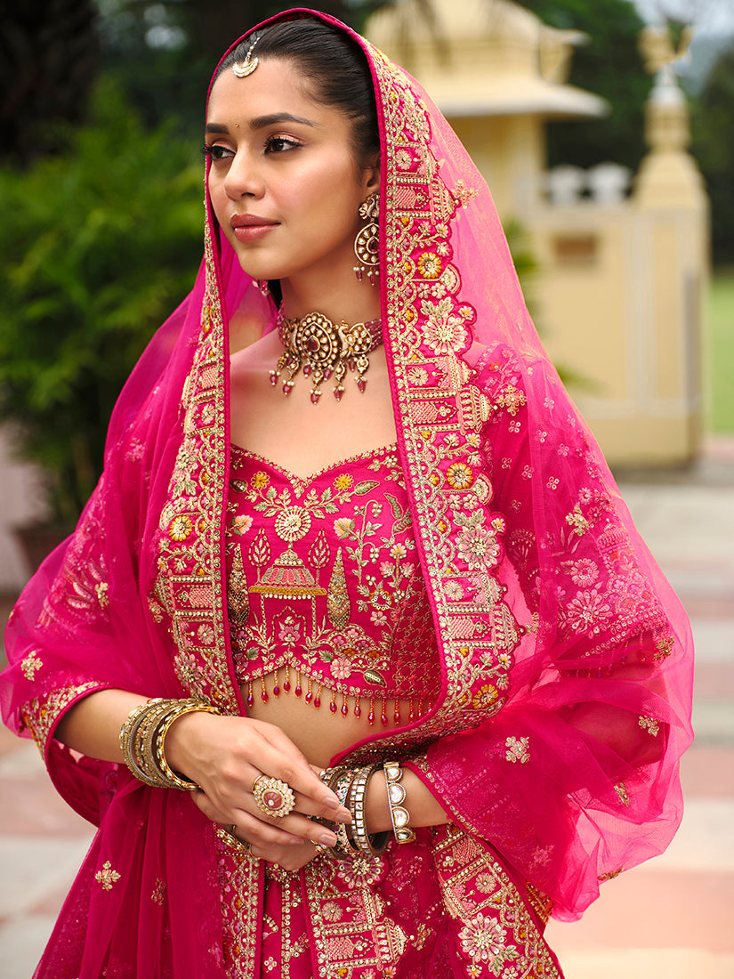 Monjolika Fashion Rani Pink Khatli Embroidered Silk Blend Bridal Lehenga Choli - Swadesiicart