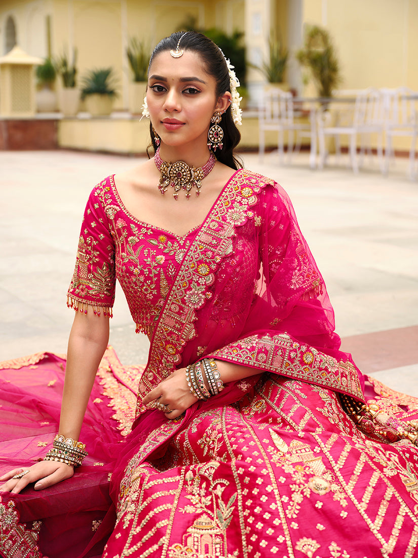 Monjolika Fashion Rani Pink Khatli Embroidered Silk Blend Bridal Lehenga Choli - Swadesiicart