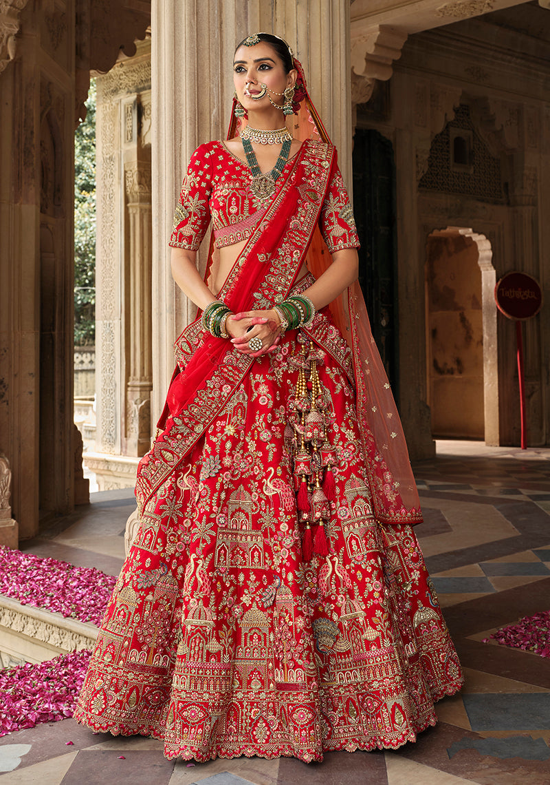 Monjolika Fashion Red Khatli Embroidered Silk Blend Bridal Lehenga Choli - Swadesiicart