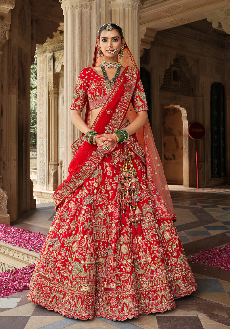 Monjolika Fashion Red Khatli Embroidered Silk Blend Bridal Lehenga Choli - Swadesiicart