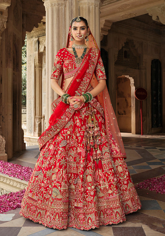 Monjolika Fashion Red Khatli Embroidered Silk Blend Bridal Lehenga Choli - Swadesiicart