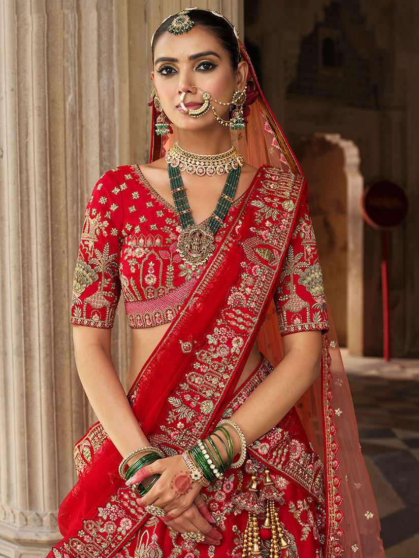 Monjolika Fashion Red Khatli Embroidered Silk Blend Bridal Lehenga Choli - Swadesiicart