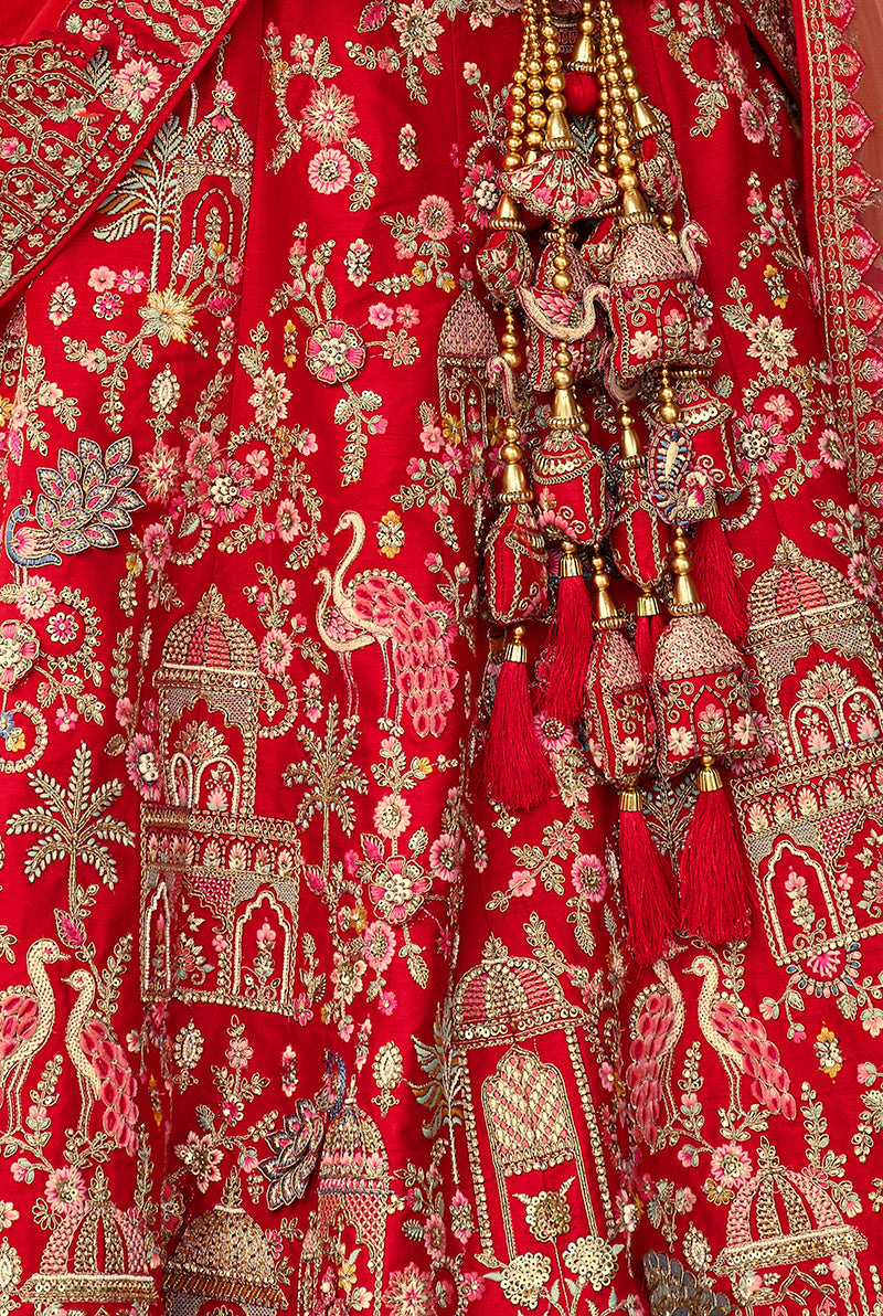 Monjolika Fashion Red Khatli Embroidered Silk Blend Bridal Lehenga Choli - Swadesiicart