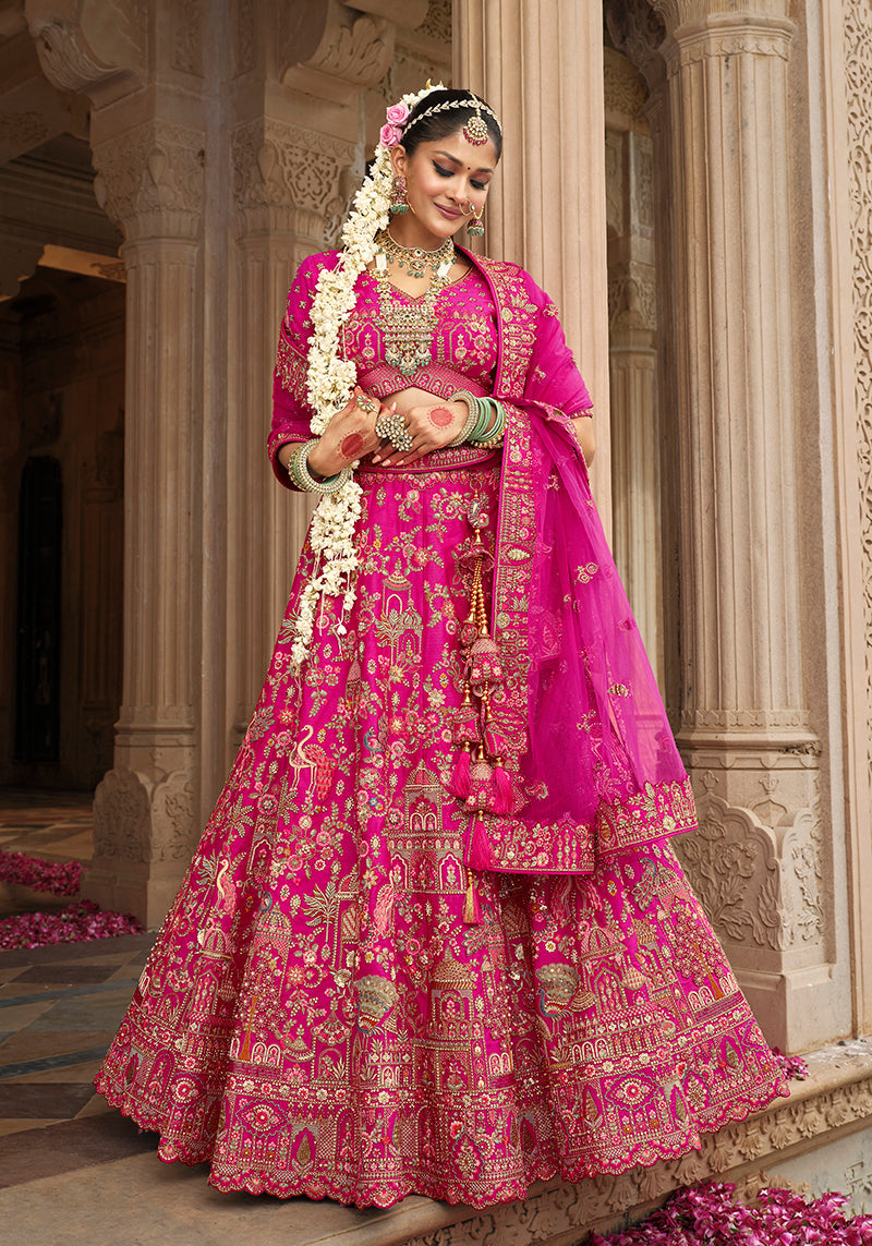 Monjolika Fashion Magenta Pink Khatli Embroidered Silk Blend Bridal Lehenga Choli - Swadesiicart