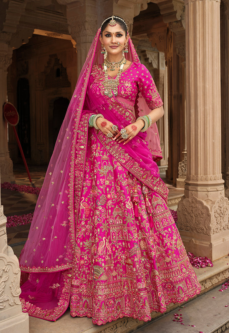 Monjolika Fashion Magenta Pink Khatli Embroidered Silk Blend Bridal Lehenga Choli - Swadesiicart