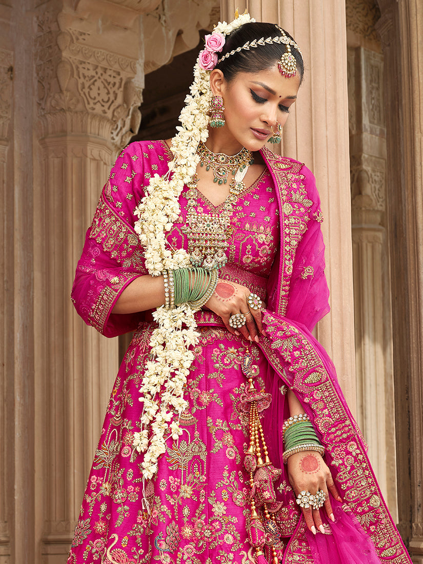 Monjolika Fashion Magenta Pink Khatli Embroidered Silk Blend Bridal Lehenga Choli - Swadesiicart