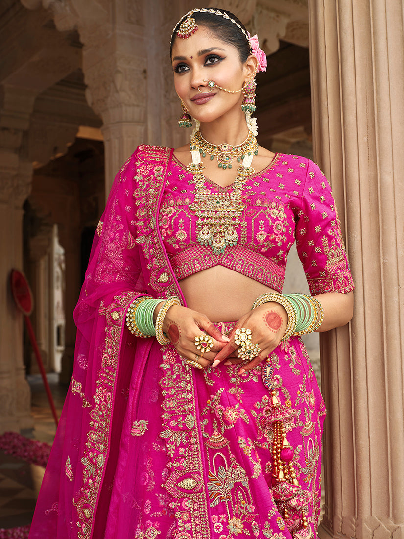 Monjolika Fashion Magenta Pink Khatli Embroidered Silk Blend Bridal Lehenga Choli - Swadesiicart